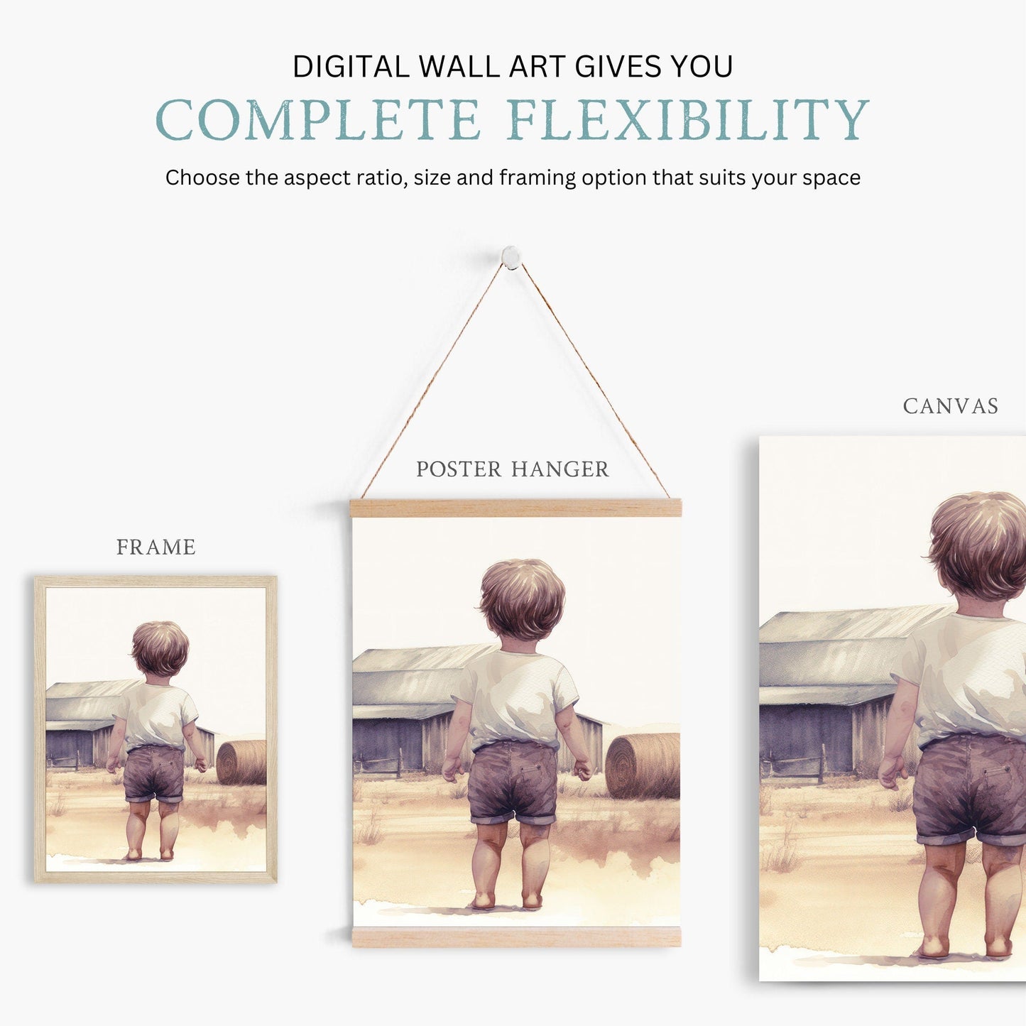 Little Farm Boy Print, Farmhouse Nursery Decor, Countryside Landscape - WildfieldPrints