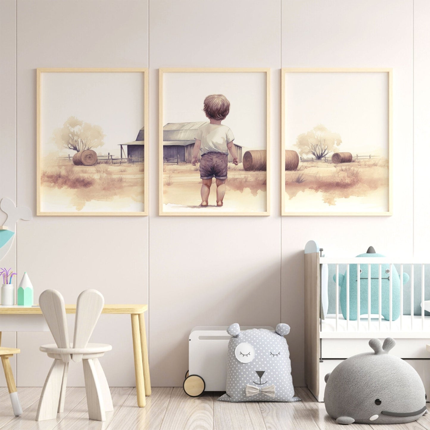 Little Farm Boy Print, Farmhouse Nursery Decor, Countryside Landscape - WildfieldPrints