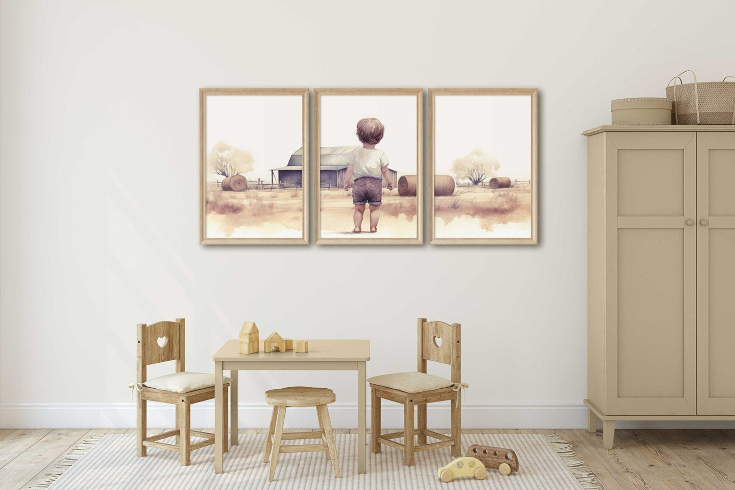 Little Farm Boy Print, Farmhouse Nursery Decor, Countryside Landscape - WildfieldPrints