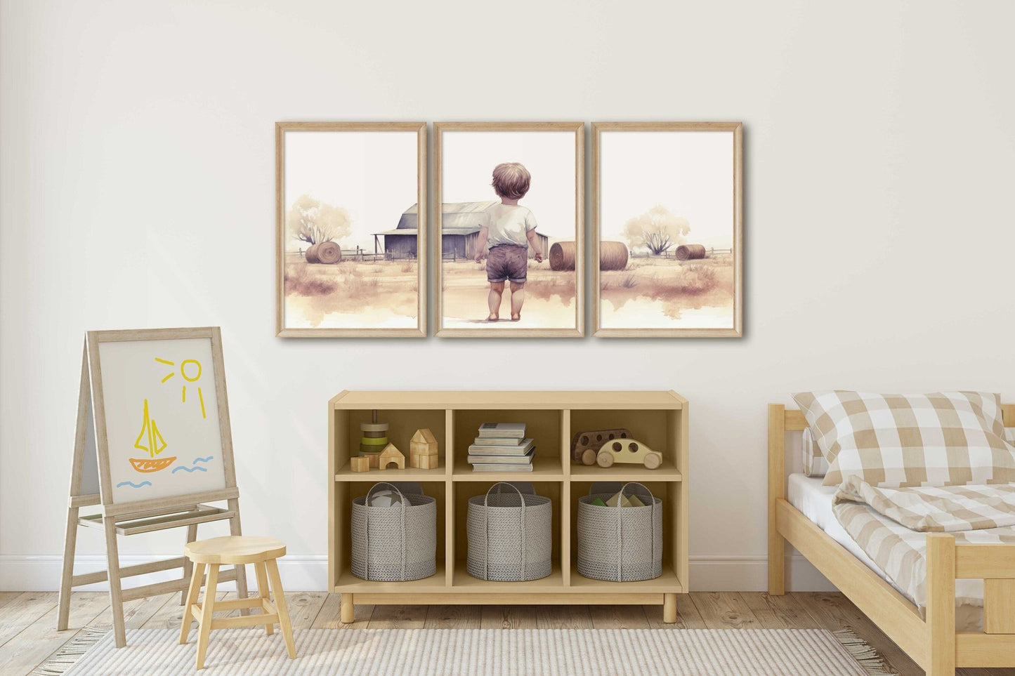 Little Farm Boy Print, Farmhouse Nursery Decor, Countryside Landscape - WildfieldPrints