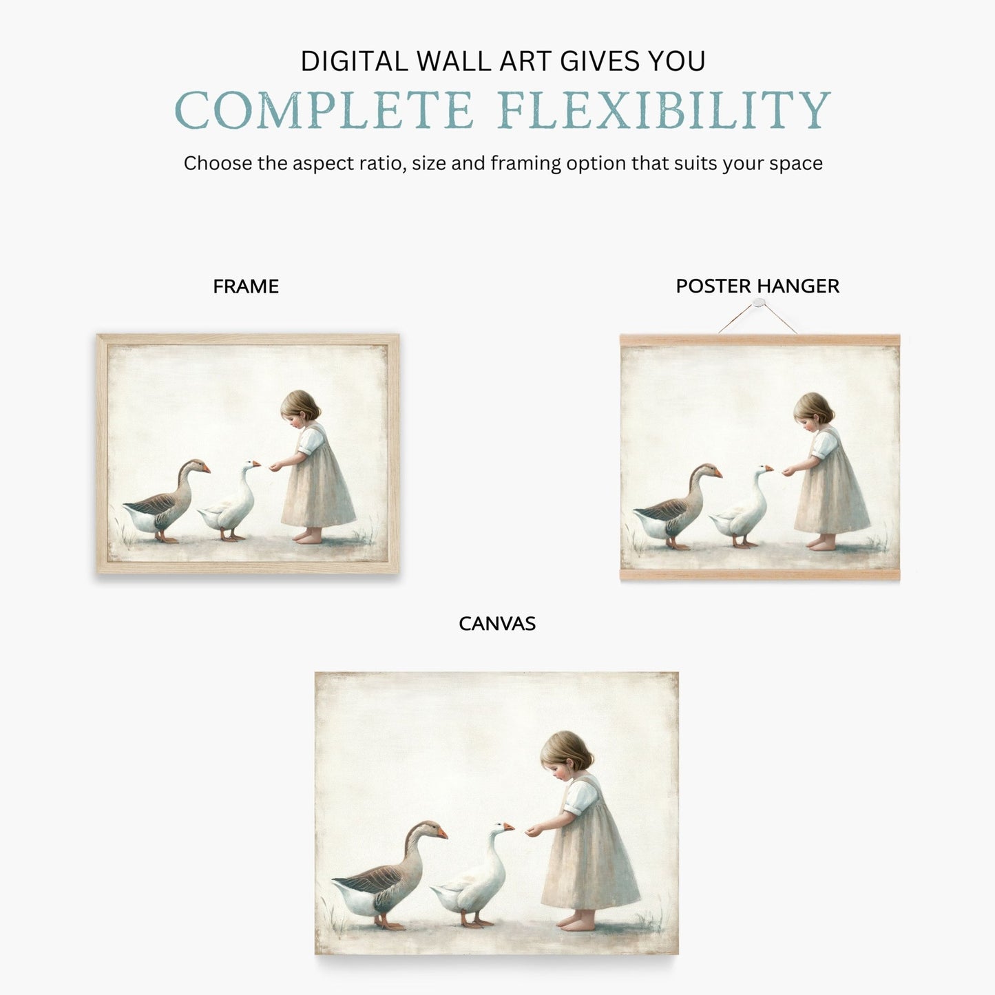 Little Girl Feeding Geese Art, Vintage Nursery Decor, Muted Color Print - WildfieldPrints