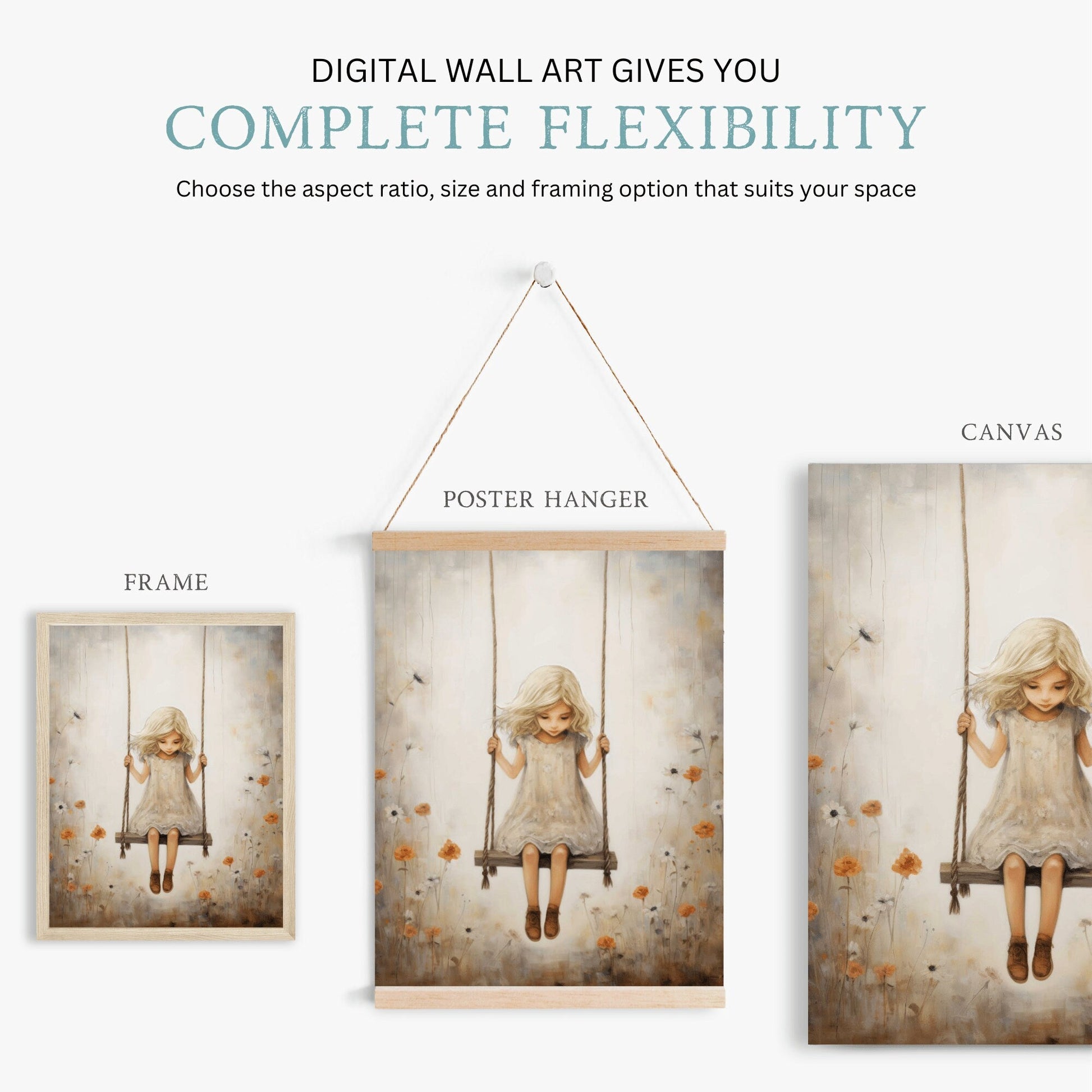 Little Girl on a Swing, Vintage Nursery Art, Whimsical Room Decor - WildfieldPrints