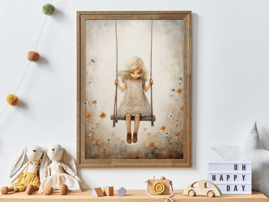 Little Girl on a Swing, Vintage Nursery Art, Whimsical Room Decor - WildfieldPrints