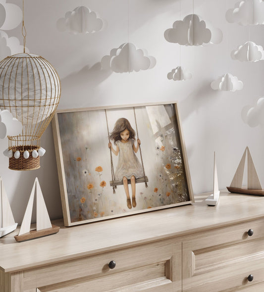 Little Girl on a Swing, Vintage Room Decor, Girly Wall Art Print - WildfieldPrints