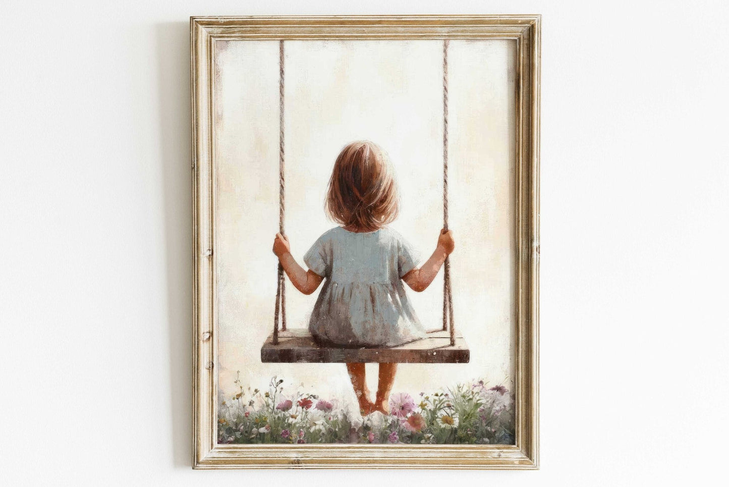 Little Girl on a Swing, Vintage Toddler Room Decor, Wildflower Art - WildfieldPrints