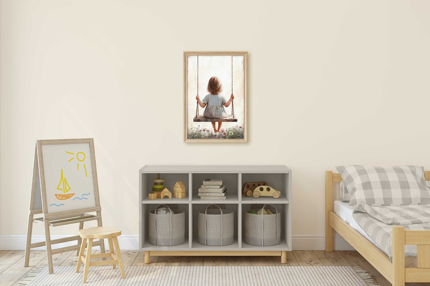 Little Girl on a Swing, Vintage Toddler Room Decor, Wildflower Art - WildfieldPrints