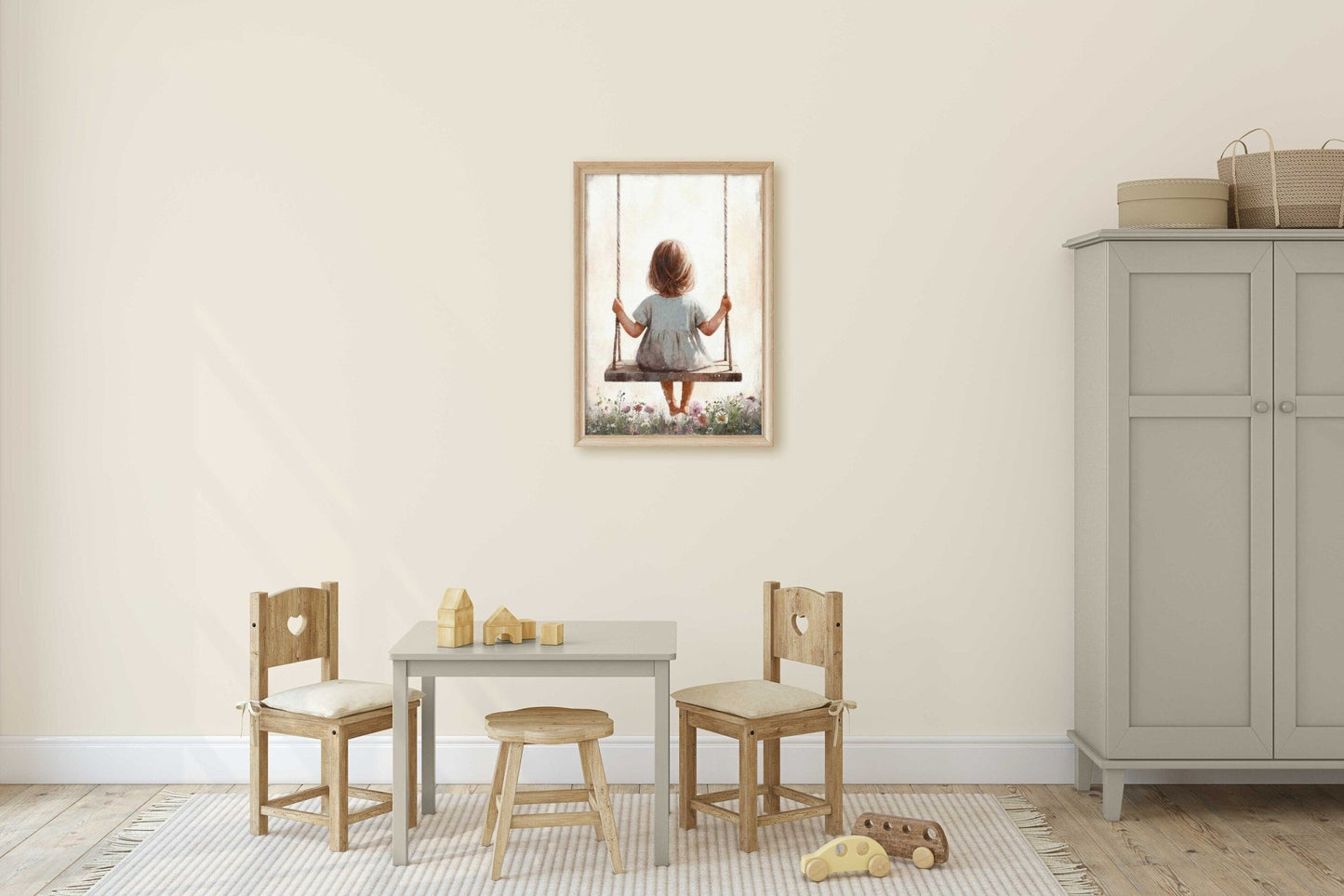 Little Girl on a Swing, Vintage Toddler Room Decor, Wildflower Art - WildfieldPrints