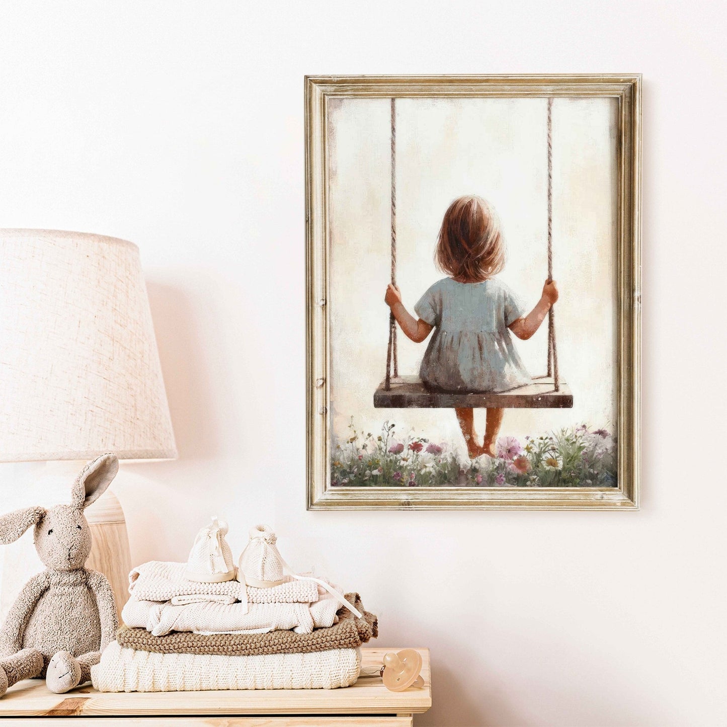 Little Girl on a Swing, Vintage Toddler Room Decor, Wildflower Art - WildfieldPrints