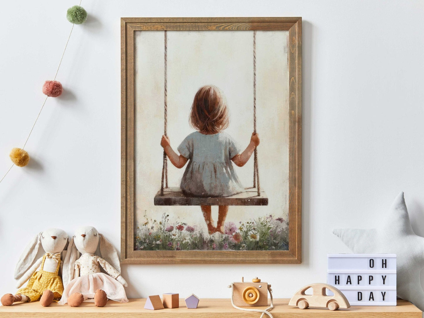 Little Girl on a Swing, Vintage Toddler Room Decor, Wildflower Art - WildfieldPrints