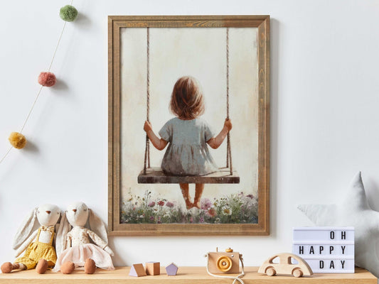 Little Girl on a Swing, Vintage Toddler Room Decor, Wildflower Art - WildfieldPrints