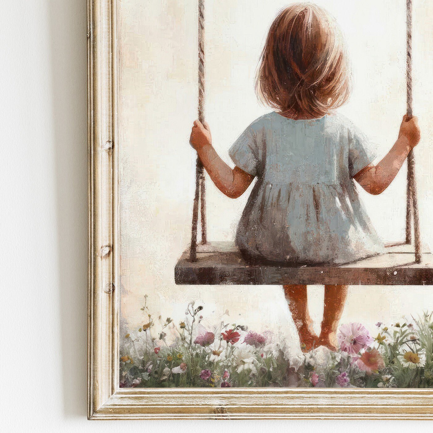 Little Girl on a Swing, Vintage Toddler Room Decor, Wildflower Art - WildfieldPrints
