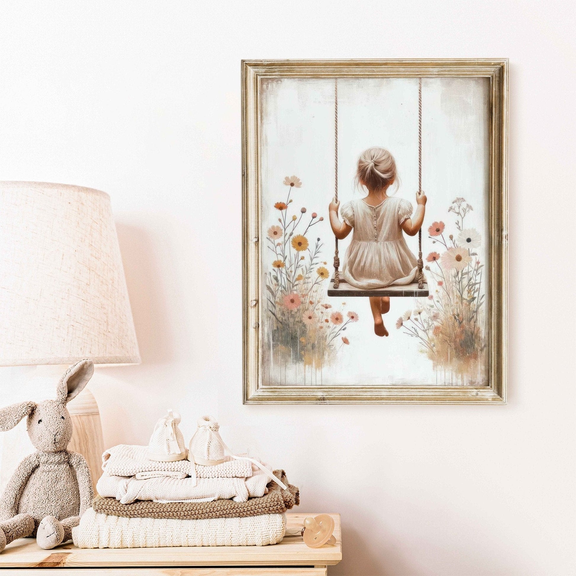 Little Girl on a Swing, Wildflower Nursery Decor, Vintage Room Art - WildfieldPrints