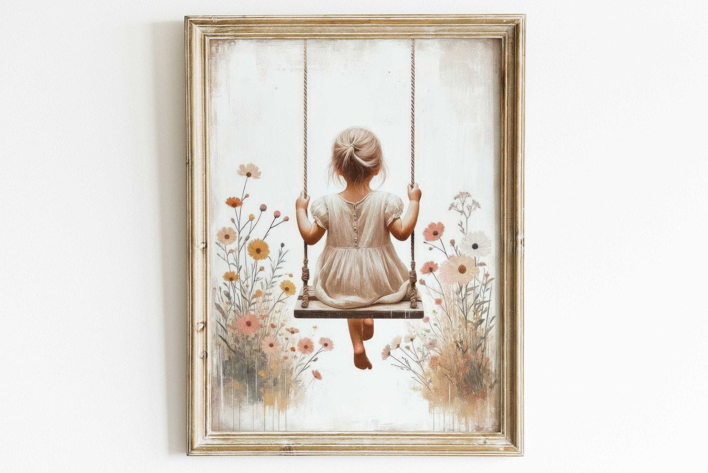Little Girl on a Swing, Wildflower Nursery Decor, Vintage Room Art - WildfieldPrints