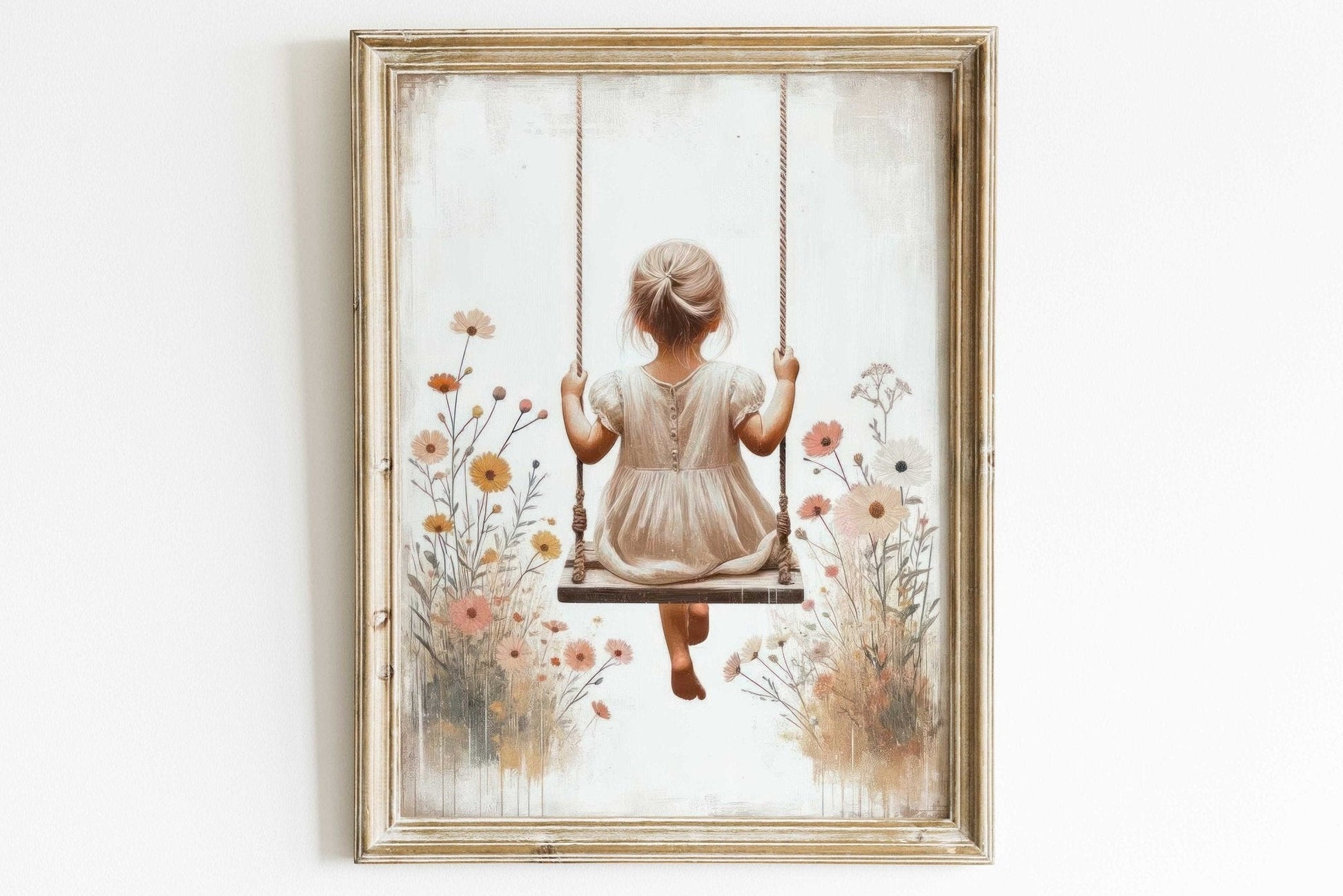 Little Girl on a Swing, Wildflower Nursery Decor, Vintage Room Art - WildfieldPrints