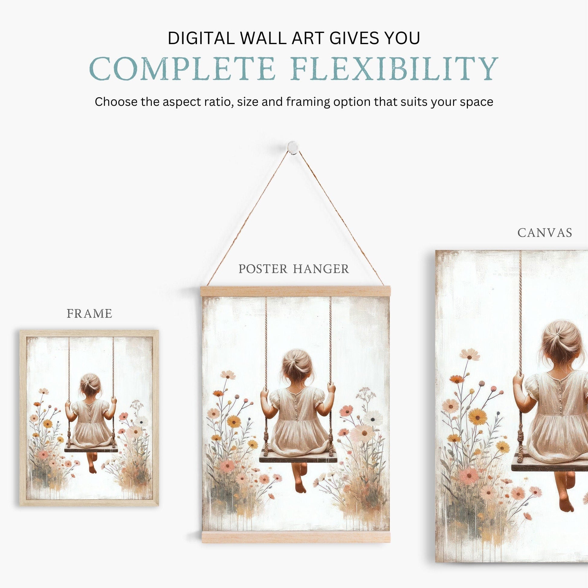 Little Girl on a Swing, Wildflower Nursery Decor, Vintage Room Art - WildfieldPrints