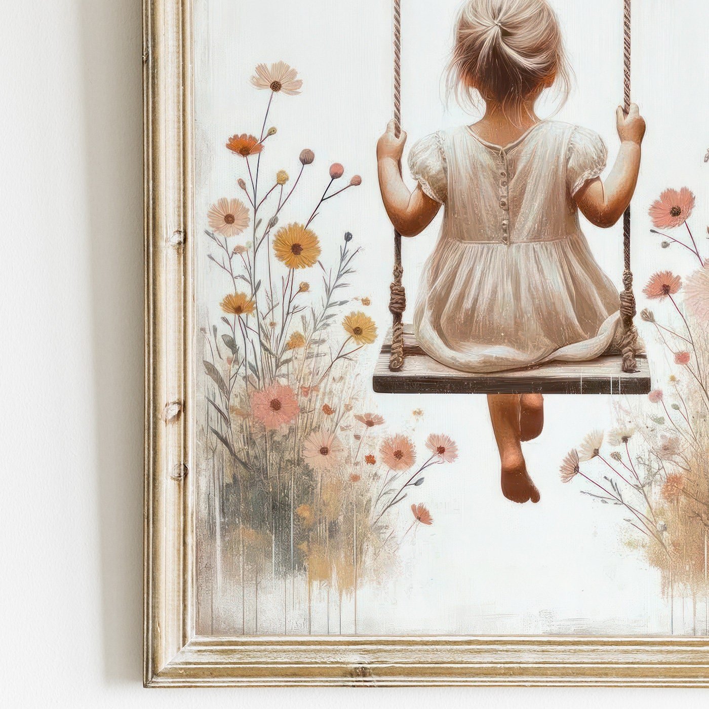 Little Girl on a Swing, Wildflower Nursery Decor, Vintage Room Art - WildfieldPrints
