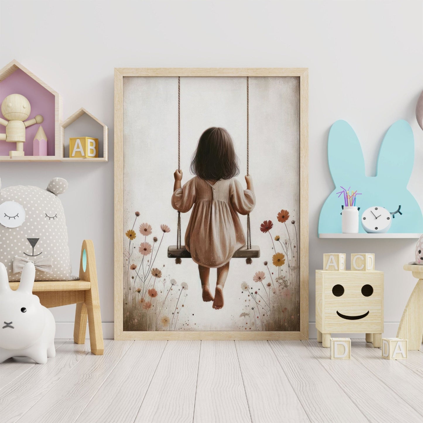 Little Girl on a Swing, Wildflower Nursery Decor, Vintage Wall Art - WildfieldPrints