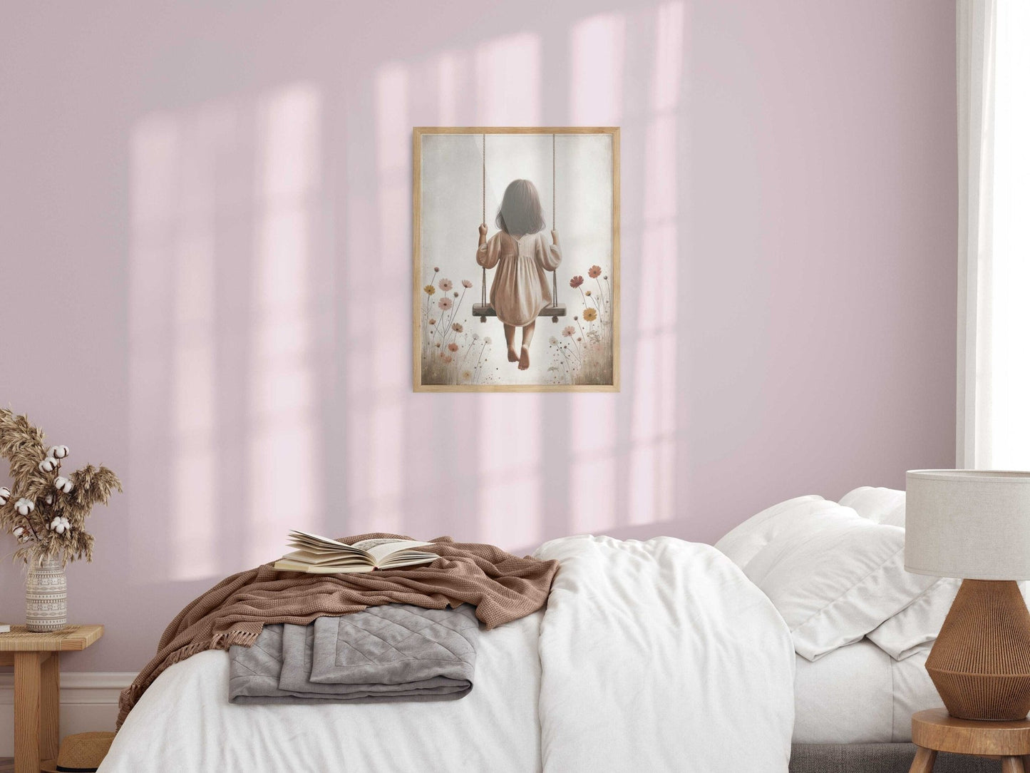 Little Girl on a Swing, Wildflower Nursery Decor, Vintage Wall Art - WildfieldPrints