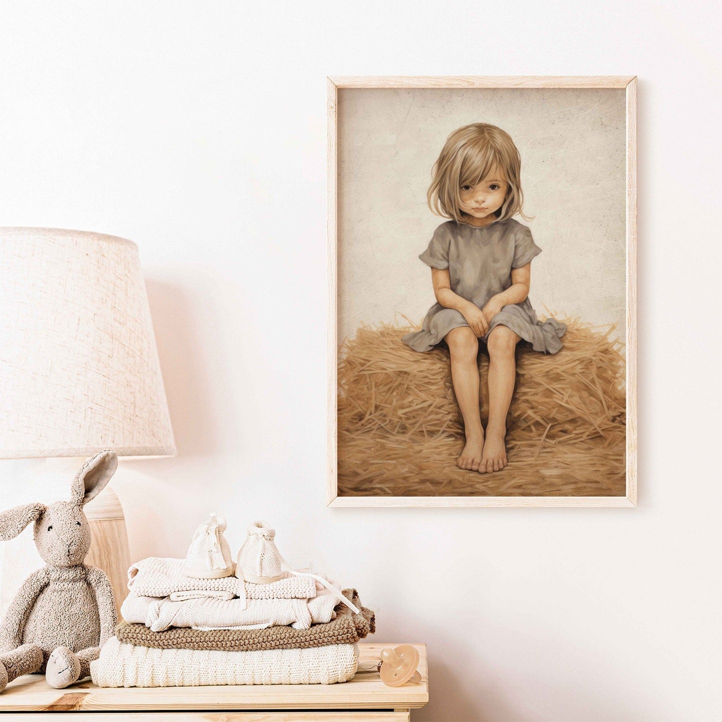 Little Girl on Hay Bale Art, Farmhouse Nursery Decor, Vintage Wall Decor - WildfieldPrints