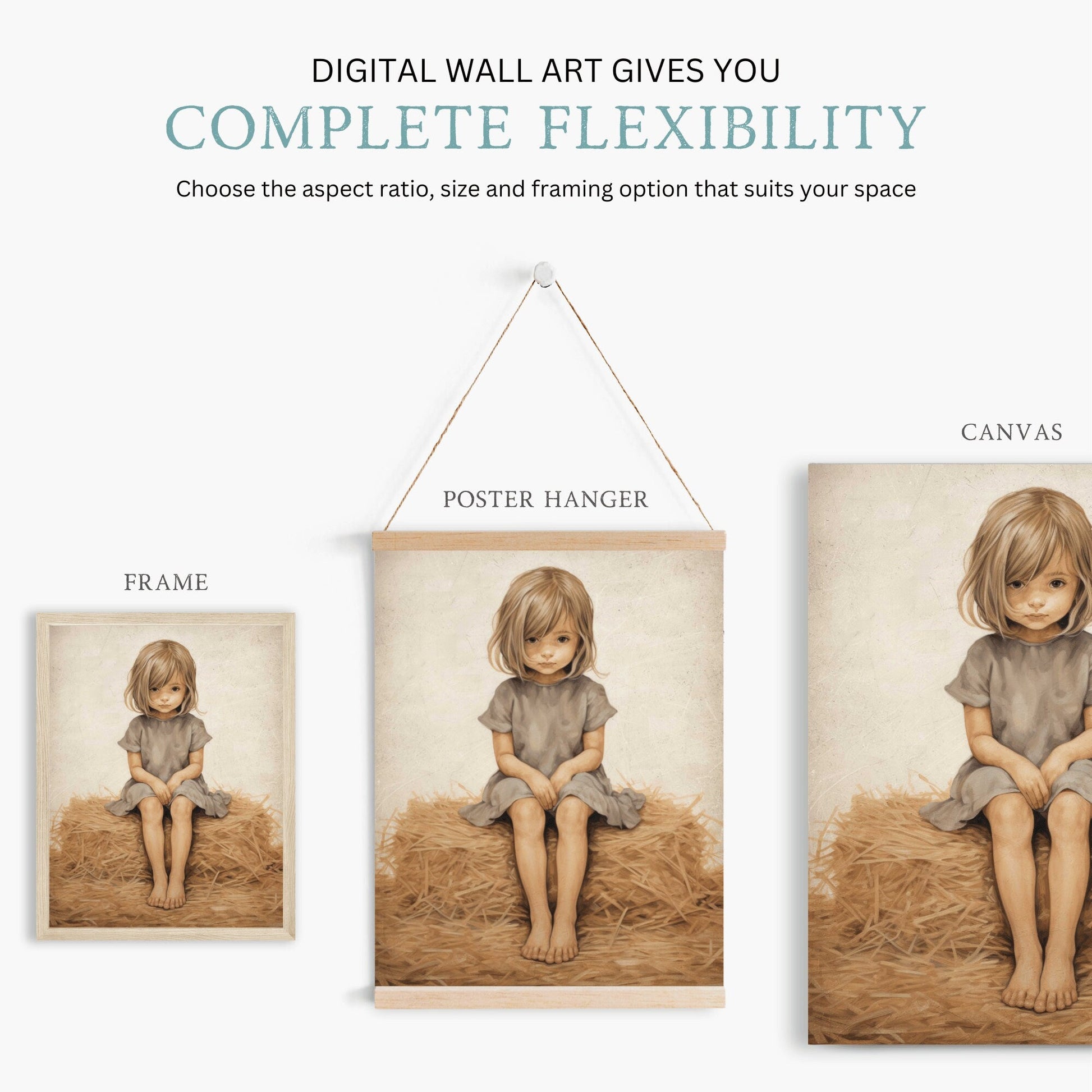 Little Girl on Hay Bale Art, Farmhouse Nursery Decor, Vintage Wall Decor - WildfieldPrints