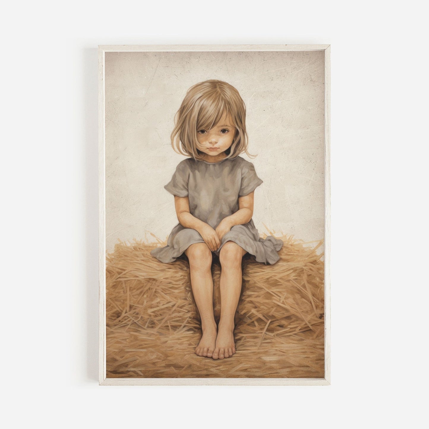 Little Girl on Hay Bale Art, Farmhouse Nursery Decor, Vintage Wall Decor - WildfieldPrints