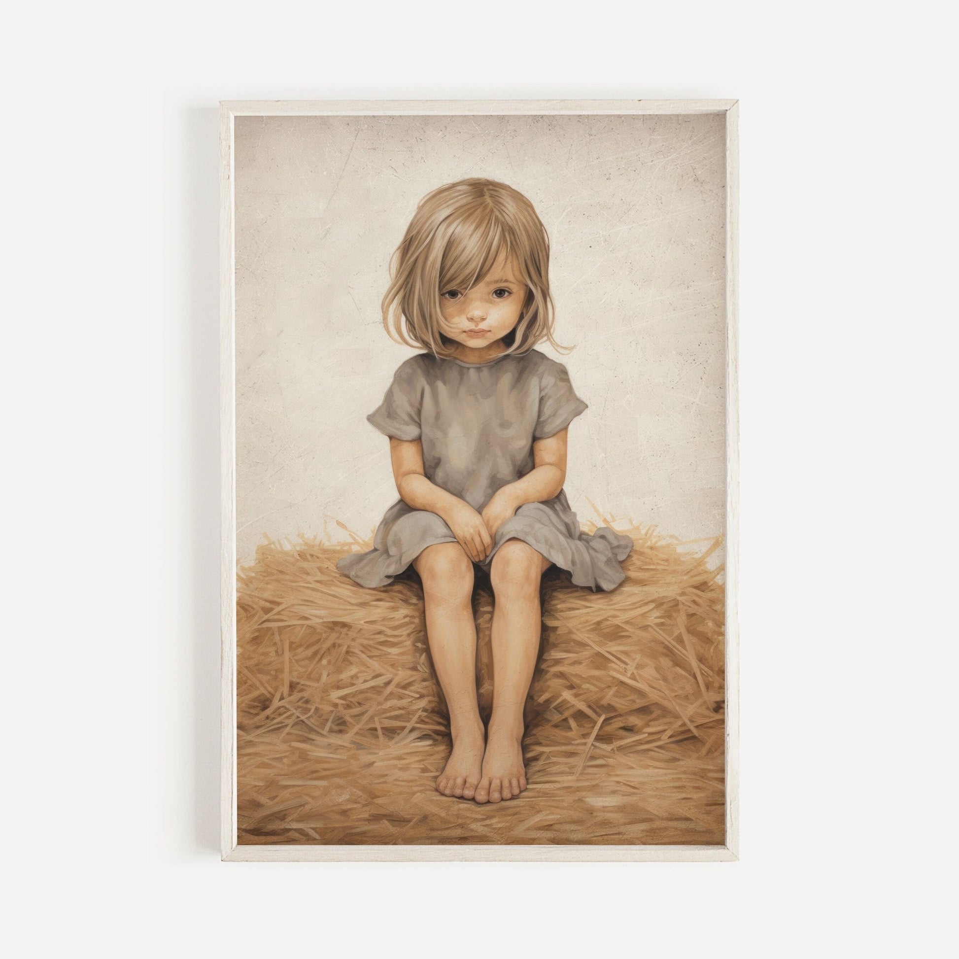 Little Girl on Hay Bale Art, Farmhouse Nursery Decor, Vintage Wall Decor - WildfieldPrints