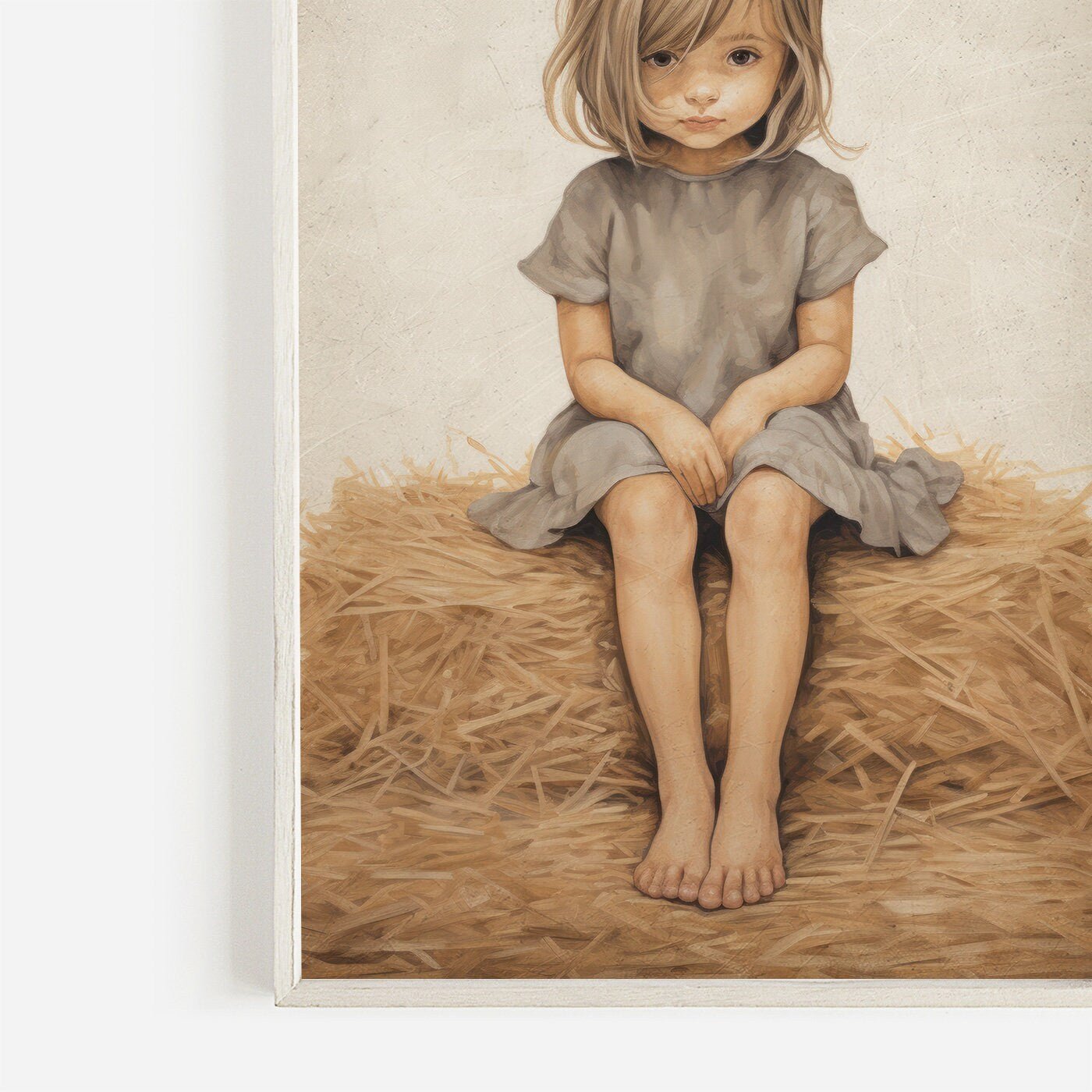 Little Girl on Hay Bale Art, Farmhouse Nursery Decor, Vintage Wall Decor - WildfieldPrints