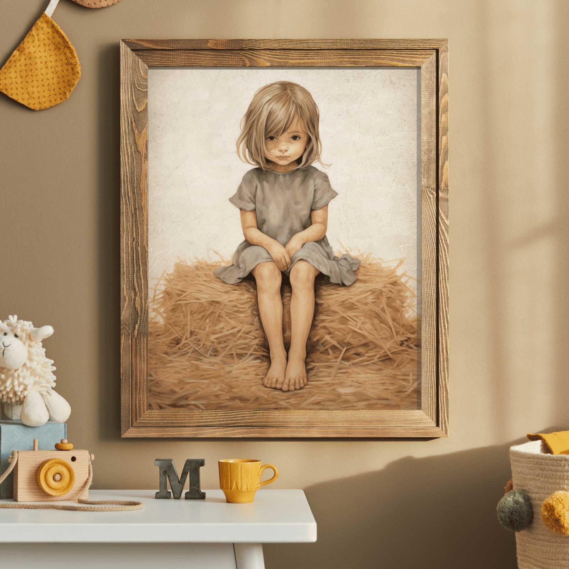 Little Girl on Hay Bale Art, Farmhouse Nursery Decor, Vintage Wall Decor - WildfieldPrints