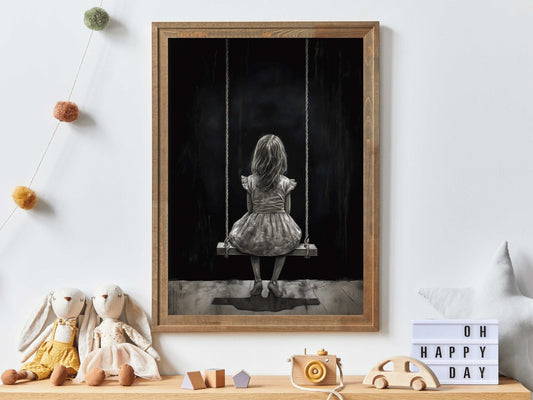 Little Girl on Swing Print, Black & White Nursery Decor, Vintage Style - WildfieldPrints