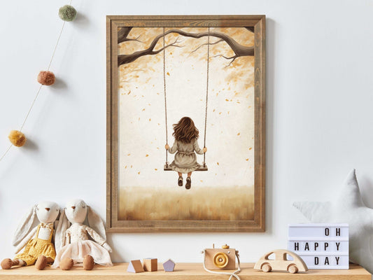 Little Girl on Swing, Rustic Nursery Decor, Kids Room Art, Vintage Print - WildfieldPrints