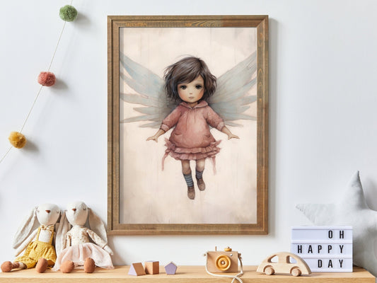 Little Girl with Angel Wings, Adorable Nursery Decor for Girls, Wall Art - WildfieldPrints