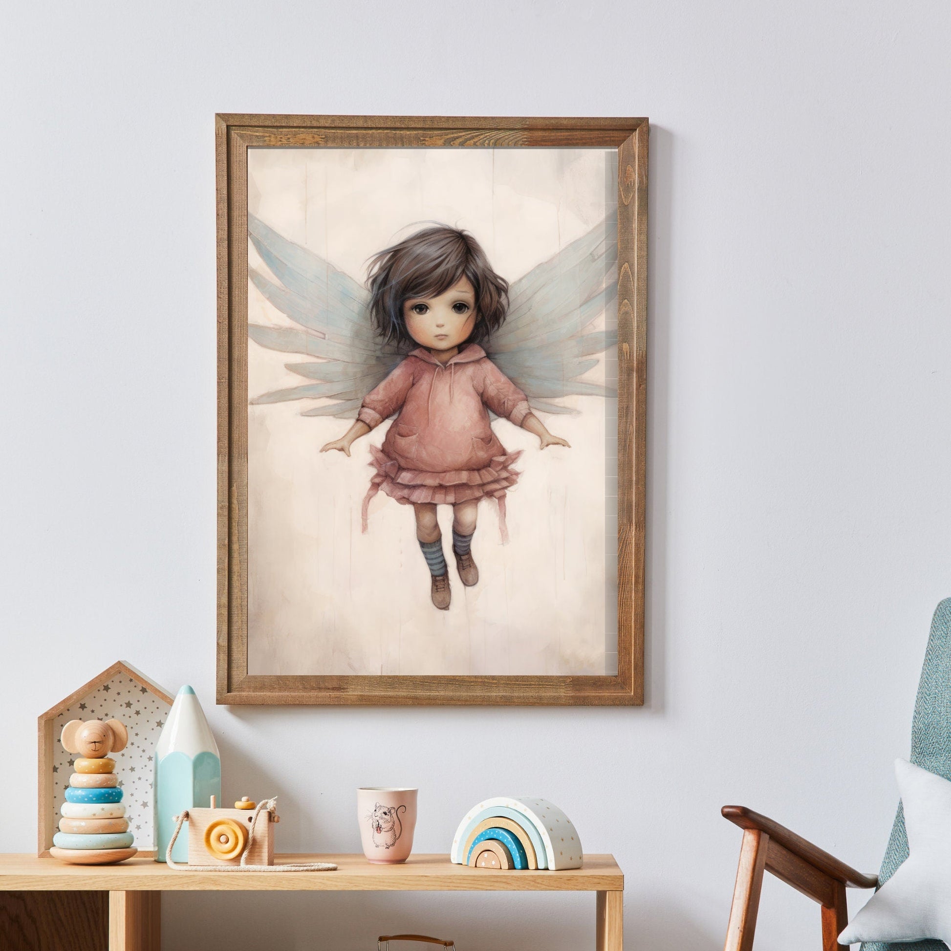 Little Girl with Angel Wings, Adorable Nursery Decor for Girls, Wall Art - WildfieldPrints