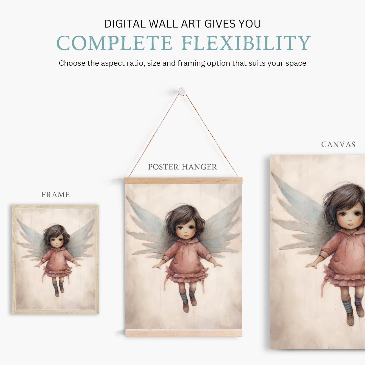 Little Girl with Angel Wings, Adorable Nursery Decor for Girls, Wall Art - WildfieldPrints