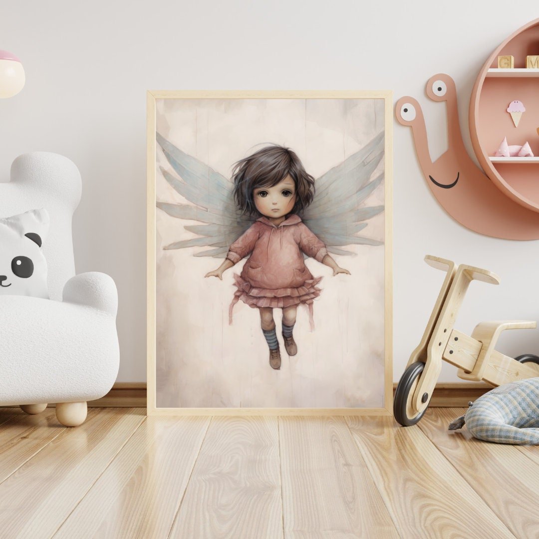 Little Girl with Angel Wings, Adorable Nursery Decor for Girls, Wall Art - WildfieldPrints