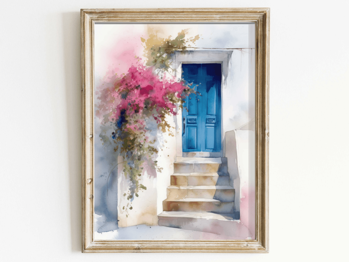 Mediterranean Wall Art, Blue Door Painting, Greek House Decor - WildfieldPrints