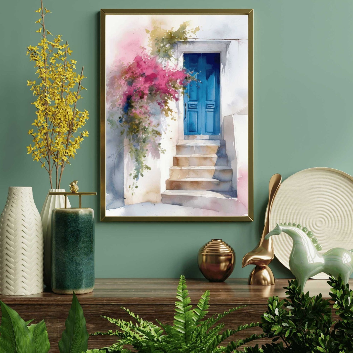 Mediterranean Wall Art, Blue Door Painting, Greek House Decor - WildfieldPrints