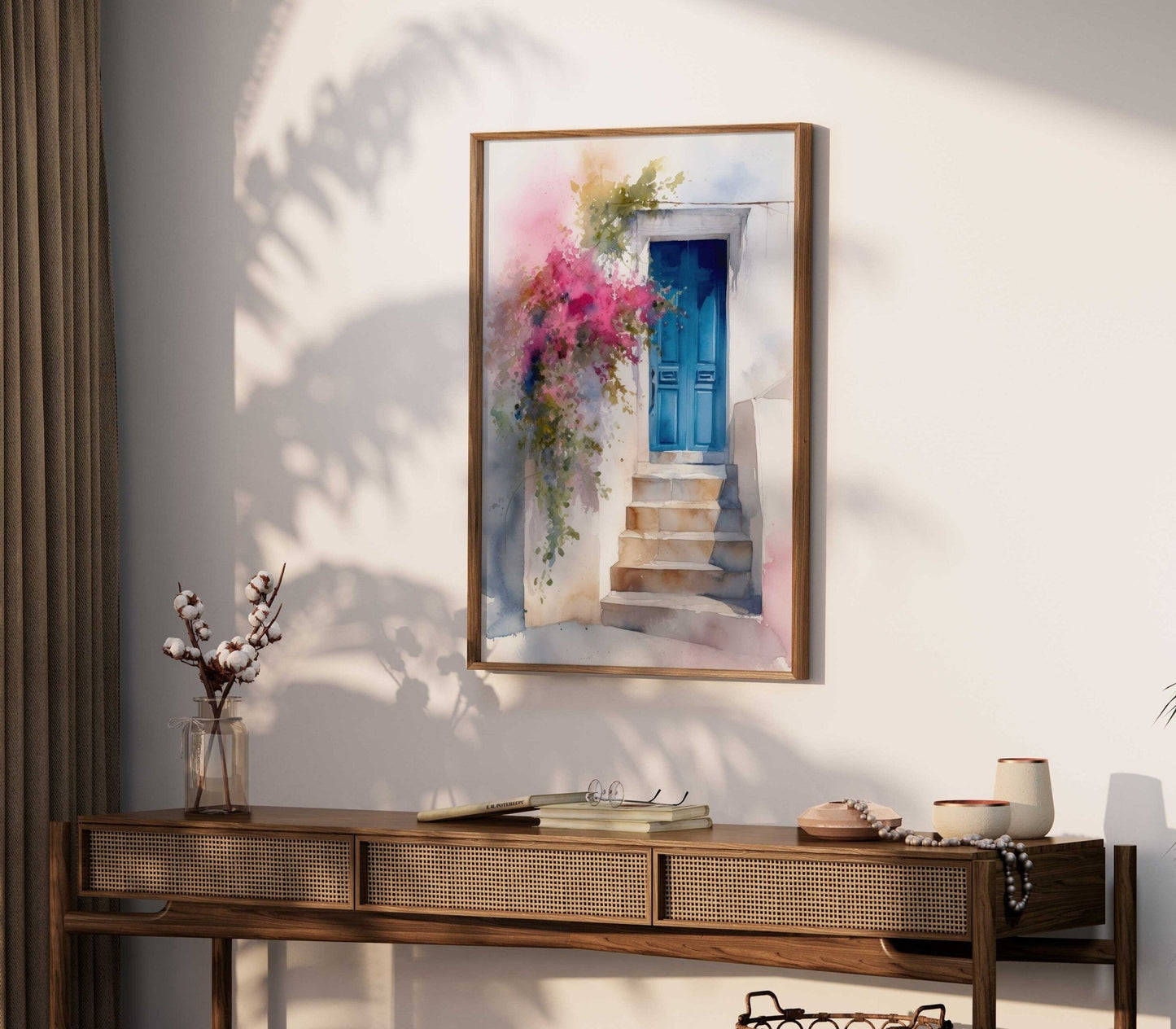 Mediterranean Wall Art, Blue Door Painting, Greek House Decor - WildfieldPrints