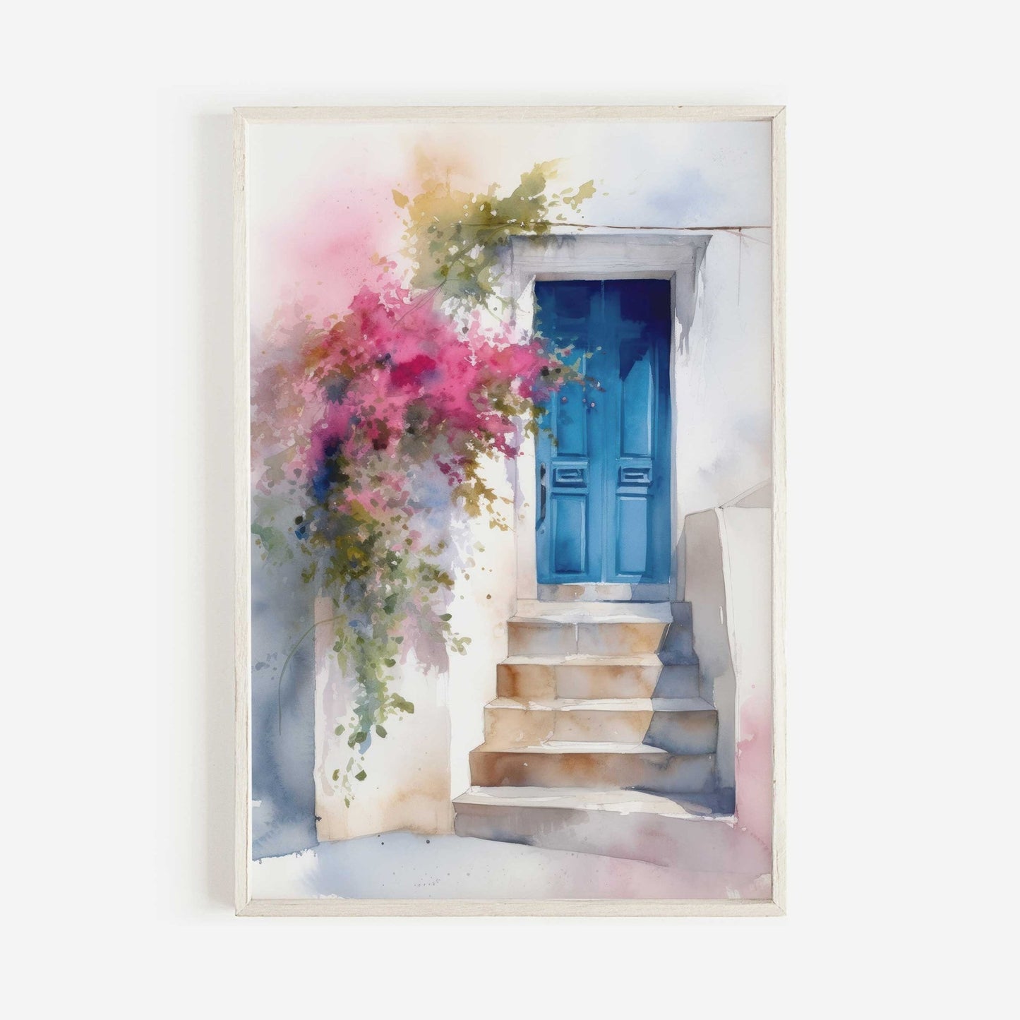 Mediterranean Wall Art, Blue Door Painting, Greek House Decor - WildfieldPrints
