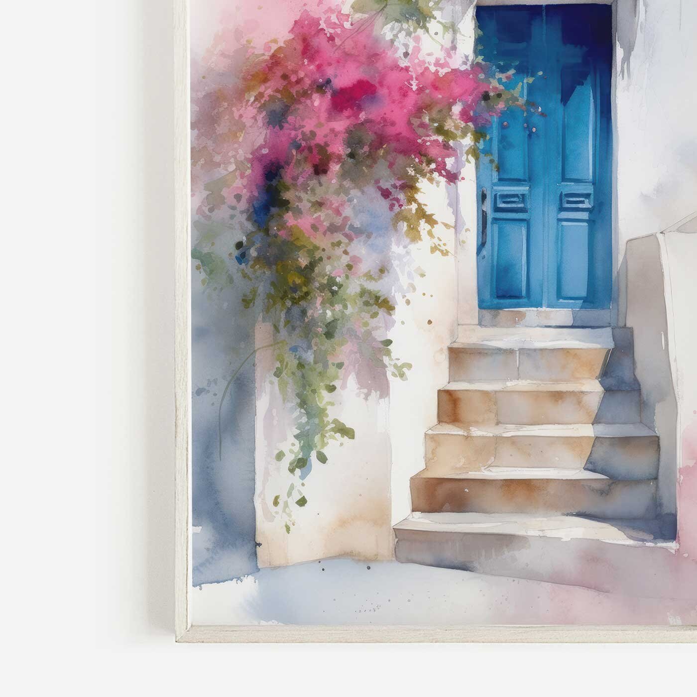 Mediterranean Wall Art, Blue Door Painting, Greek House Decor - WildfieldPrints