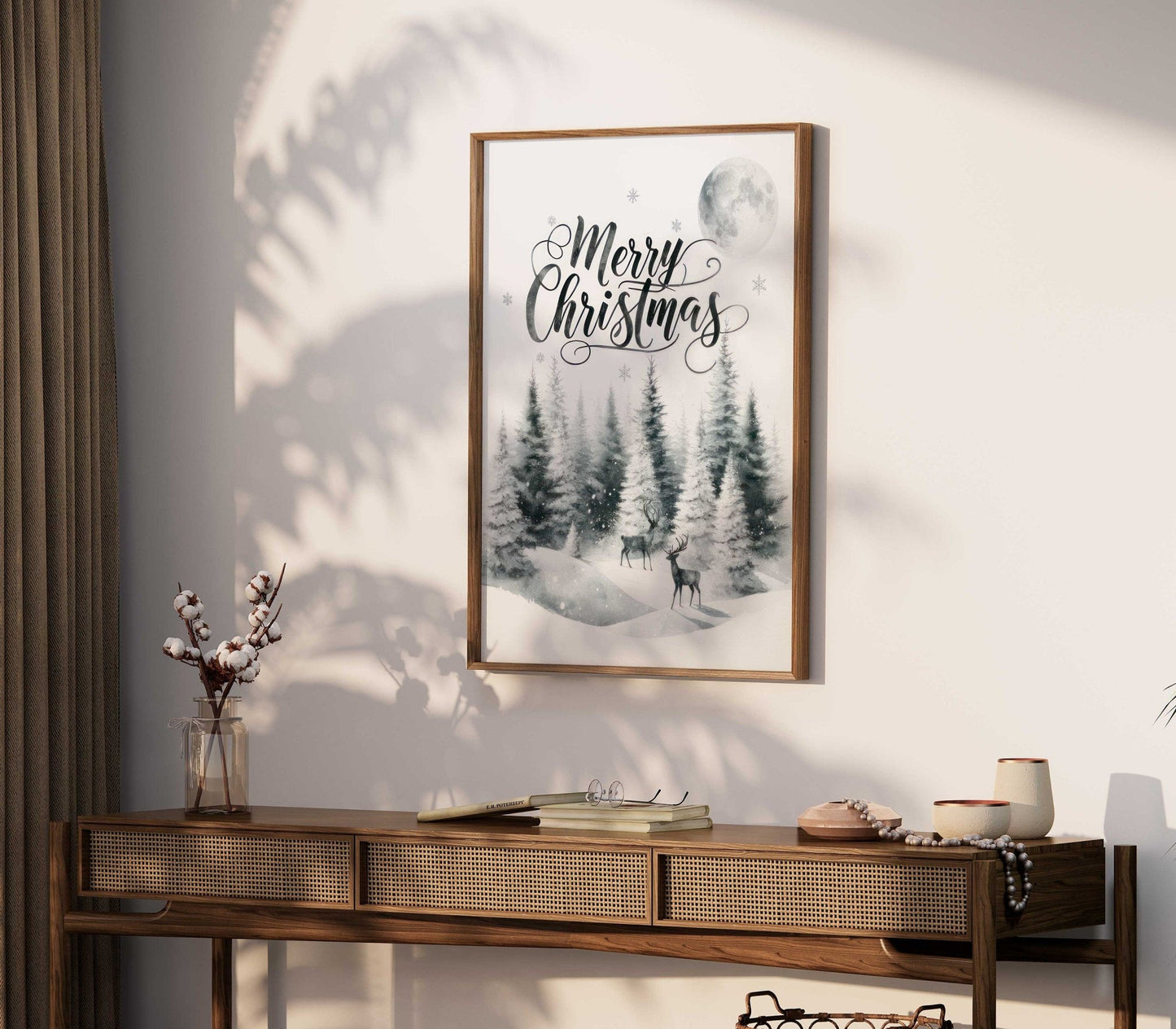 Merry Christmas Print, Vintage Holiday Wall Decor, Rustic Forest Art - WildfieldPrints
