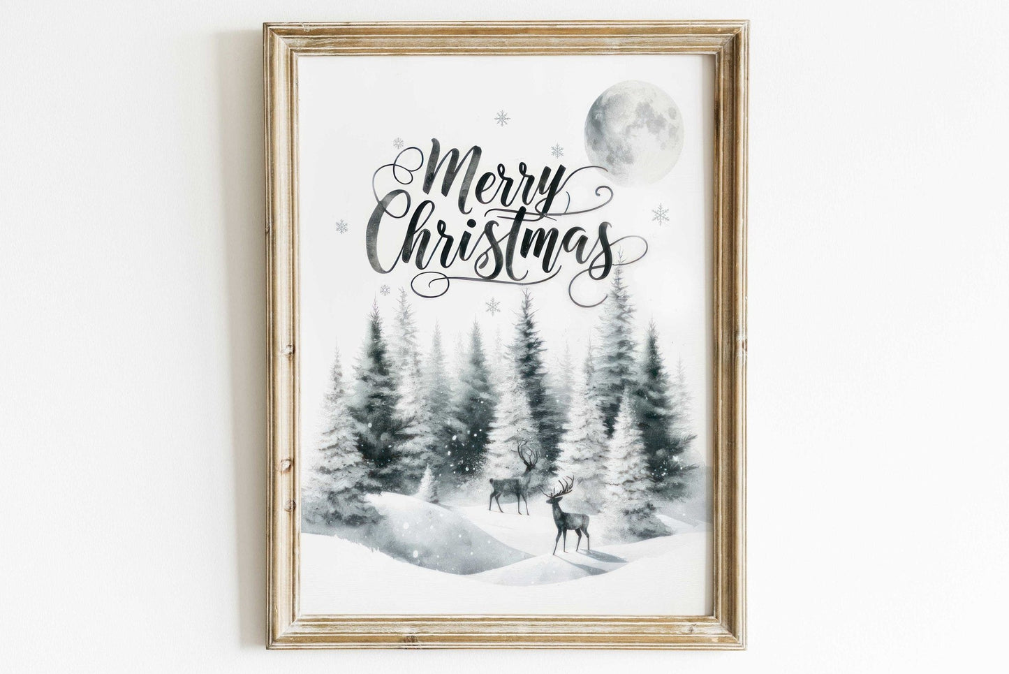 Merry Christmas Print, Vintage Holiday Wall Decor, Rustic Forest Art - WildfieldPrints