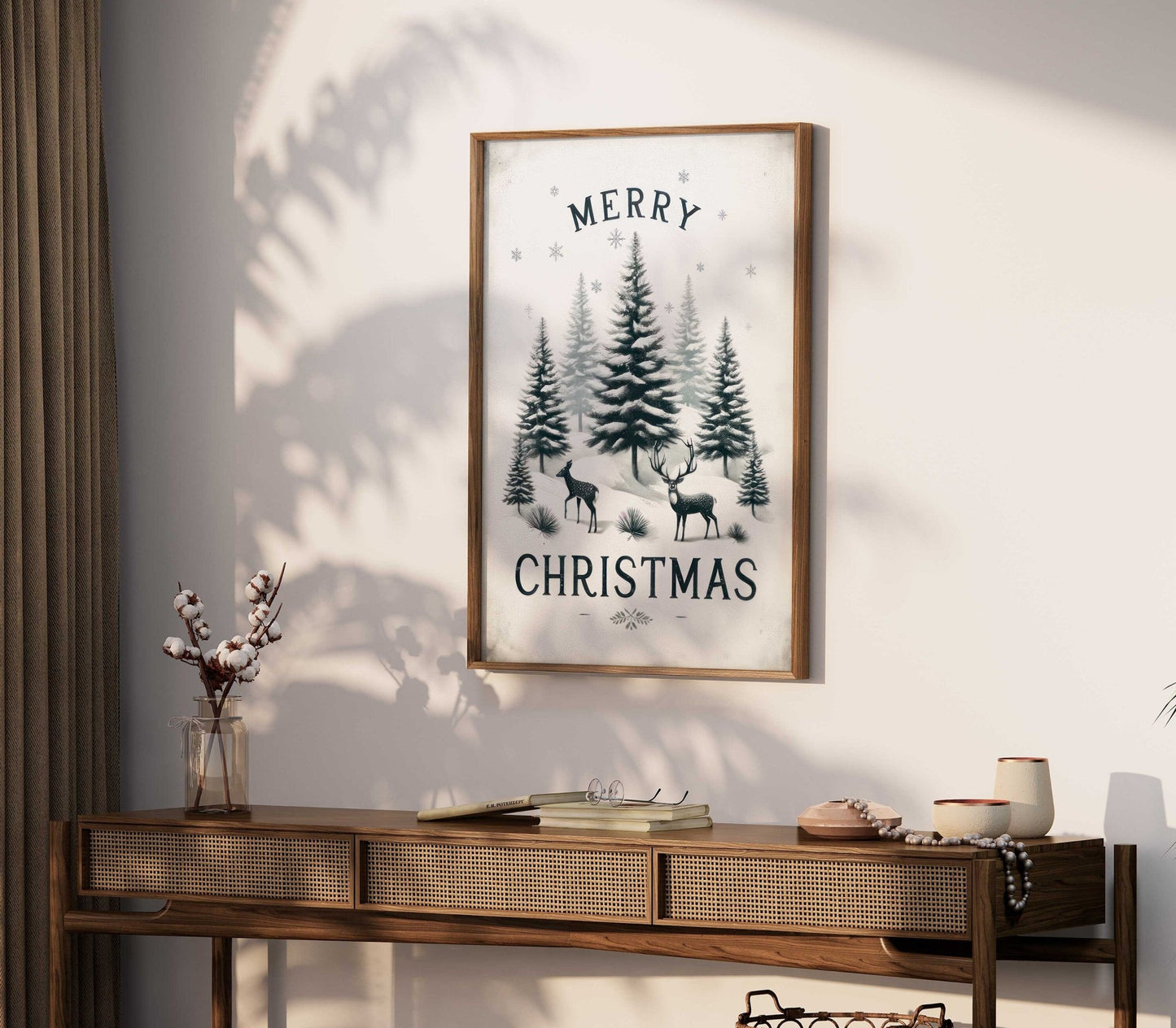 Merry Christmas Print, Vintage Holiday Wall Decor, Rustic Forest Art - WildfieldPrints