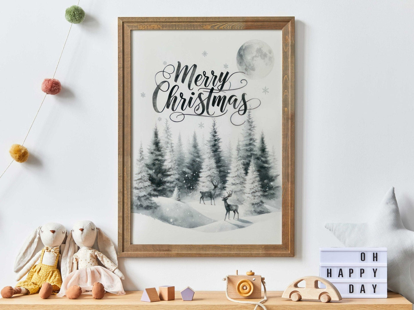Merry Christmas Print, Vintage Holiday Wall Decor, Rustic Forest Art - WildfieldPrints