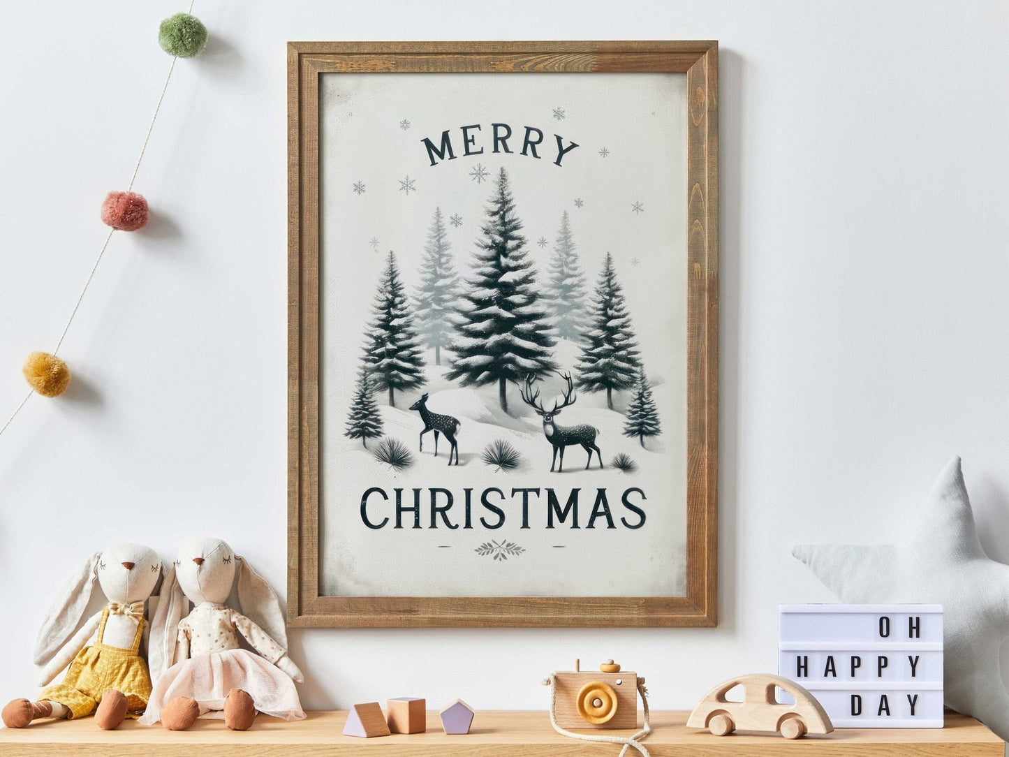 Merry Christmas Print, Vintage Holiday Wall Decor, Rustic Forest Art - WildfieldPrints