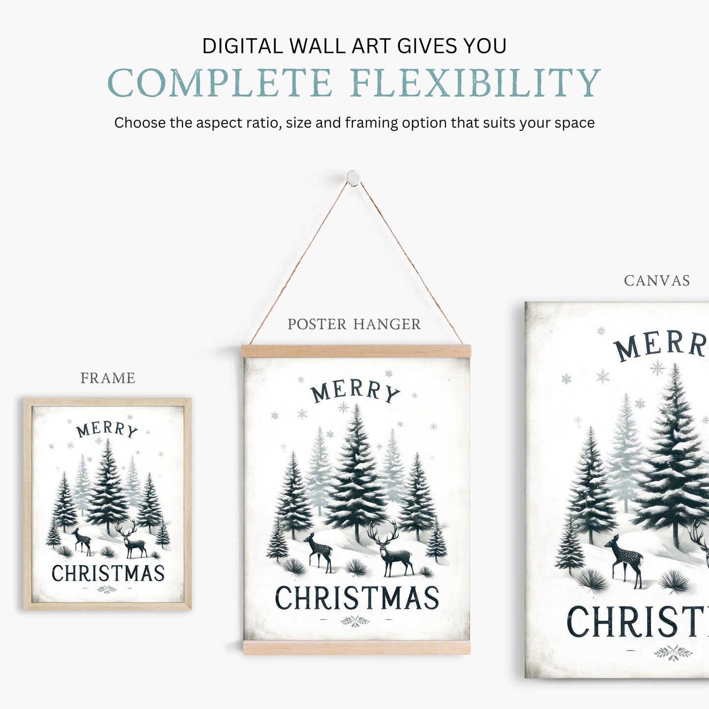 Merry Christmas Print, Vintage Holiday Wall Decor, Rustic Forest Art - WildfieldPrints