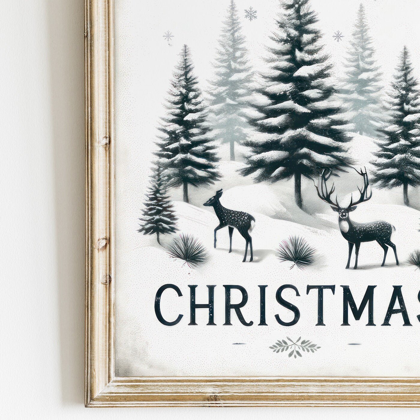 Merry Christmas Print, Vintage Holiday Wall Decor, Rustic Forest Art - WildfieldPrints