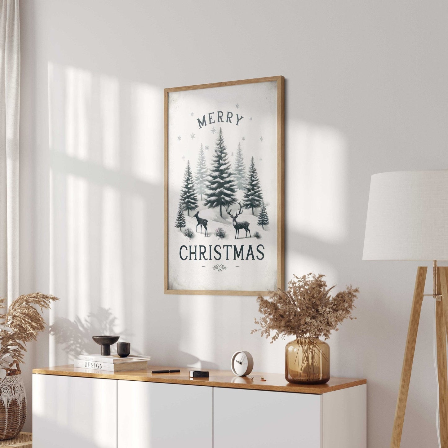 Merry Christmas Print, Vintage Holiday Wall Decor, Rustic Forest Art - WildfieldPrints