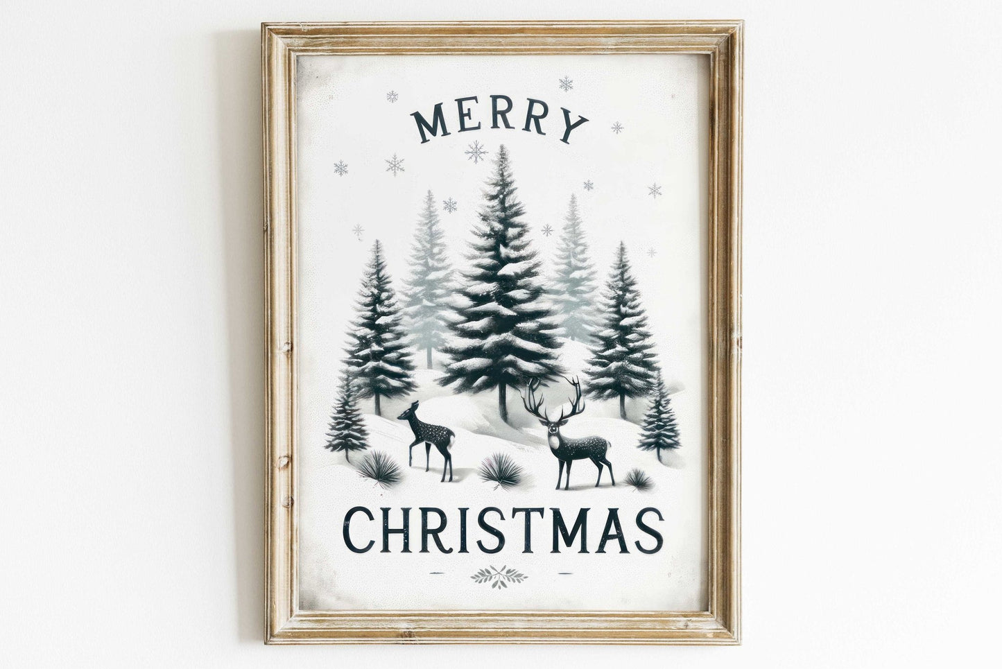 Merry Christmas Print, Vintage Holiday Wall Decor, Rustic Forest Art - WildfieldPrints