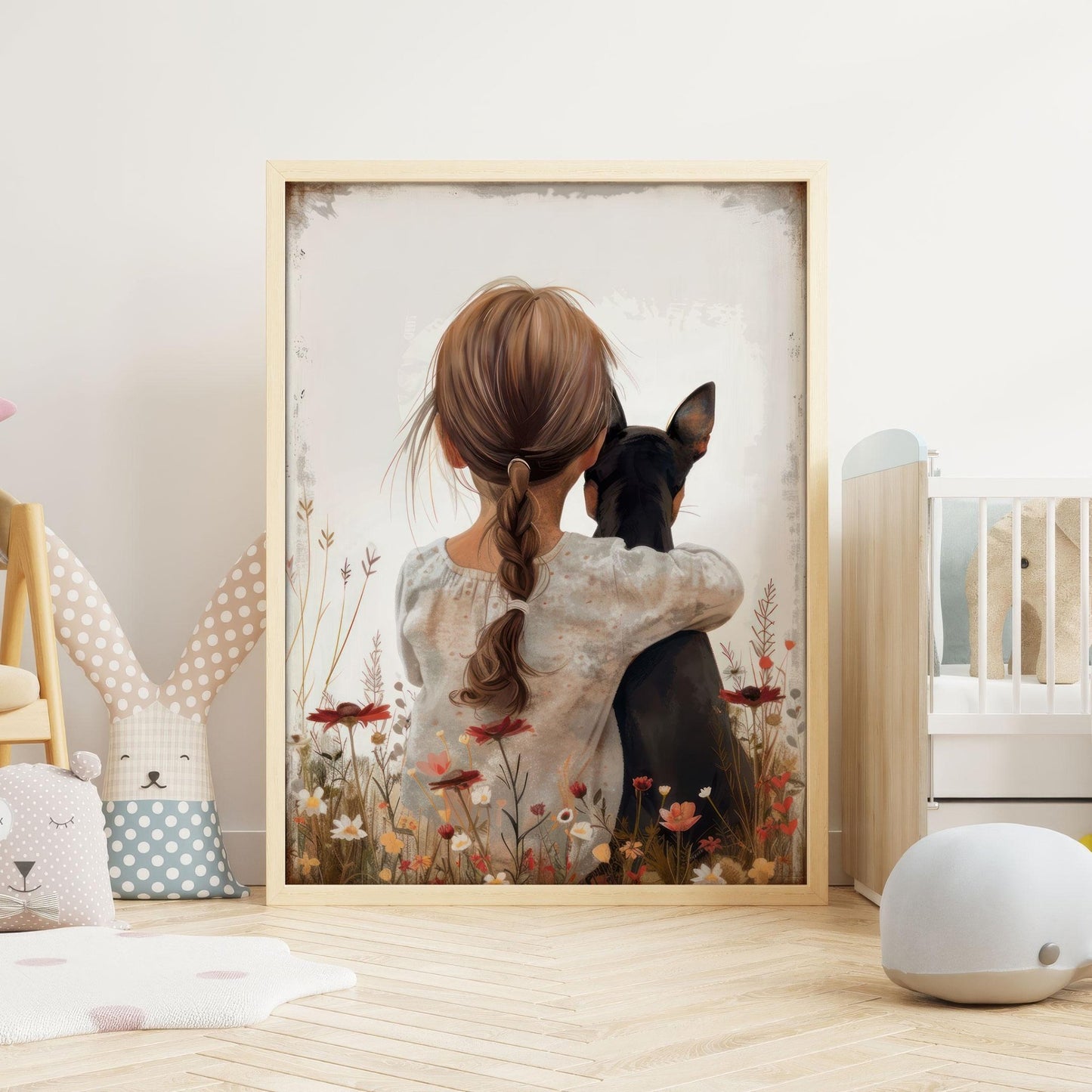 Mini Pinscher Nursery Decor, Brown & Black Miniature Pinscher Art, Dog and Girl Print, Pinscher Girl Room Decor,PRINTABLE Dog Nursery Art - My Store
