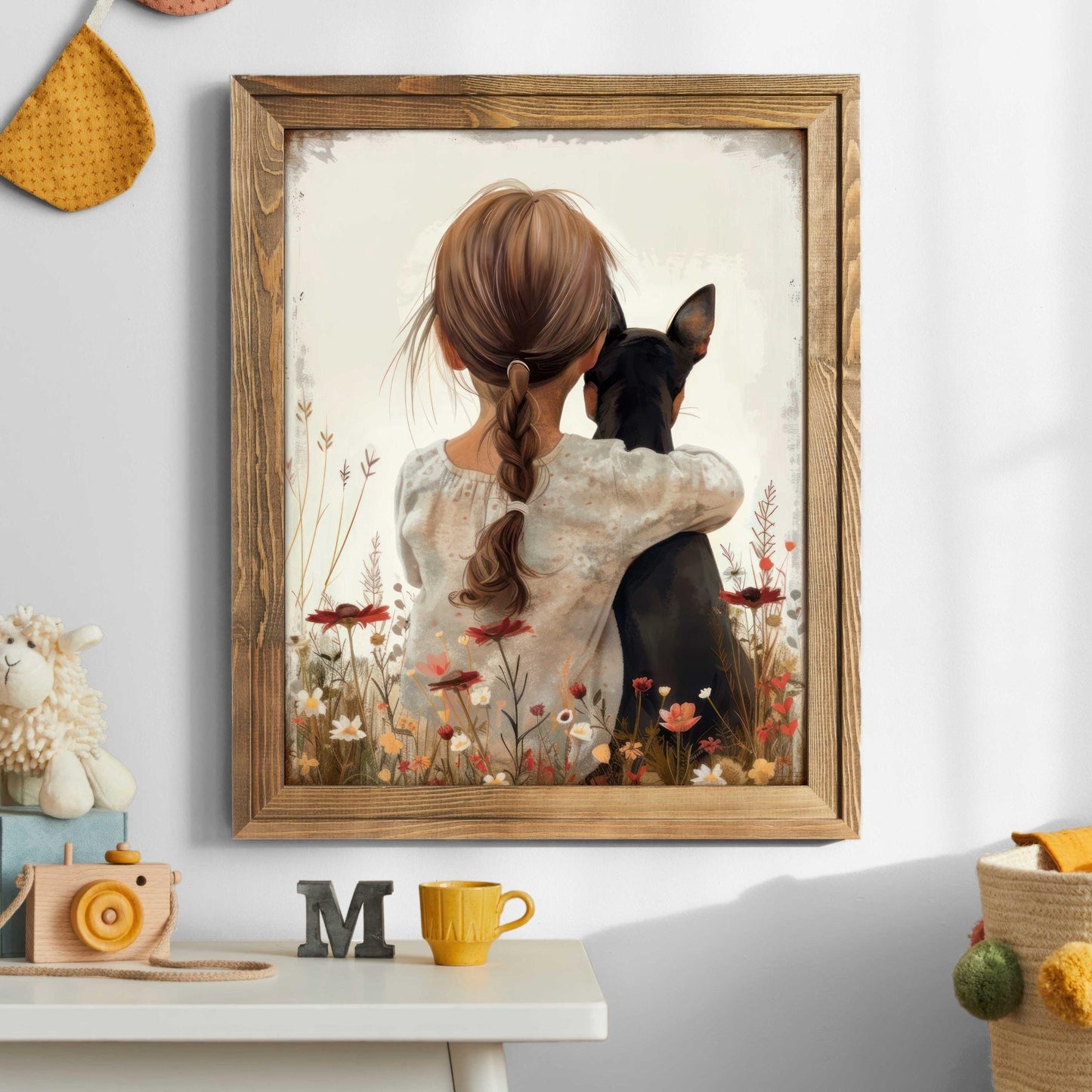 Mini Pinscher Nursery Decor, Brown & Black Miniature Pinscher Art, Dog and Girl Print, Pinscher Girl Room Decor,PRINTABLE Dog Nursery Art - My Store